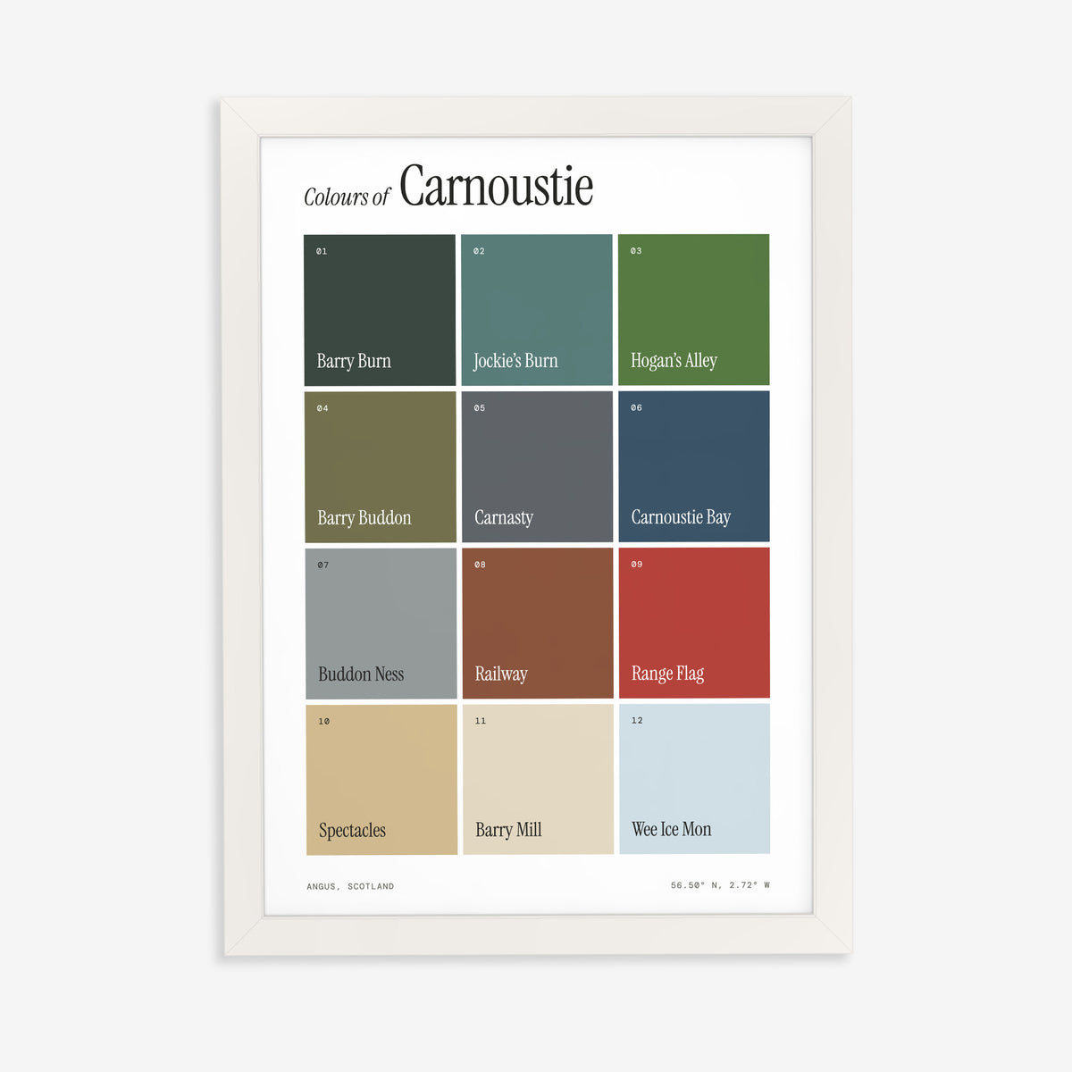 Colours of Carnoustie print of twelve named colour squares on white, in a white frame on a plain wall