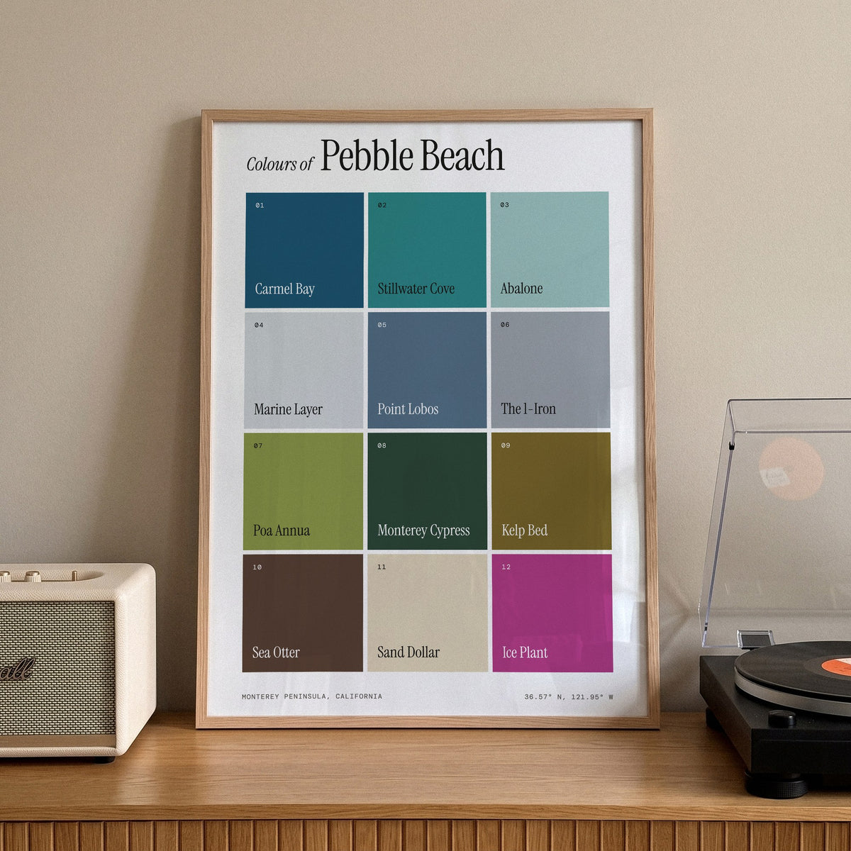 Colours of Pebble Beach print of twelve named colour squares on white, framed on a sideboard beside a record player