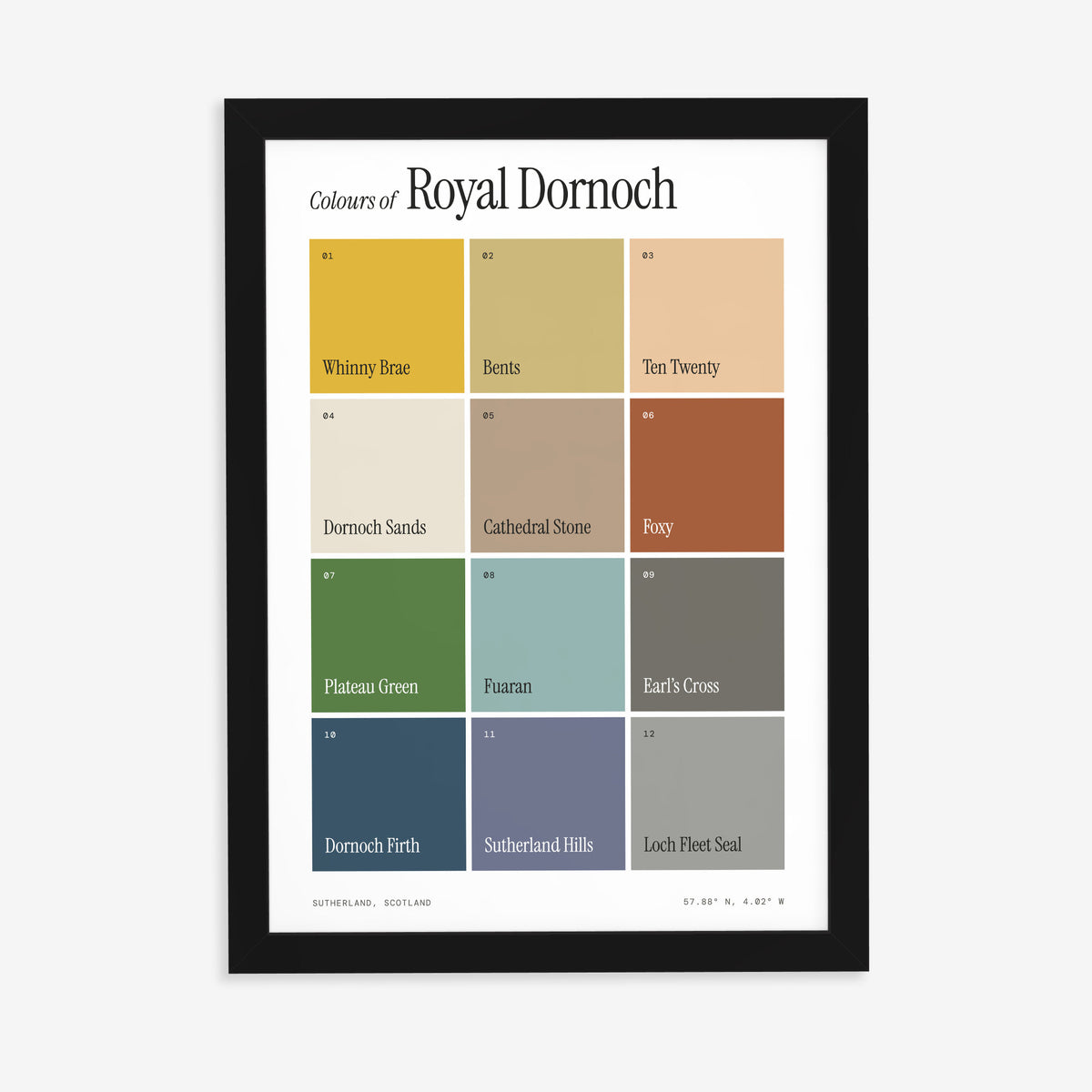 Colours of Royal Dornoch print of twelve named colour squares on white, in a black frame on a plain wall