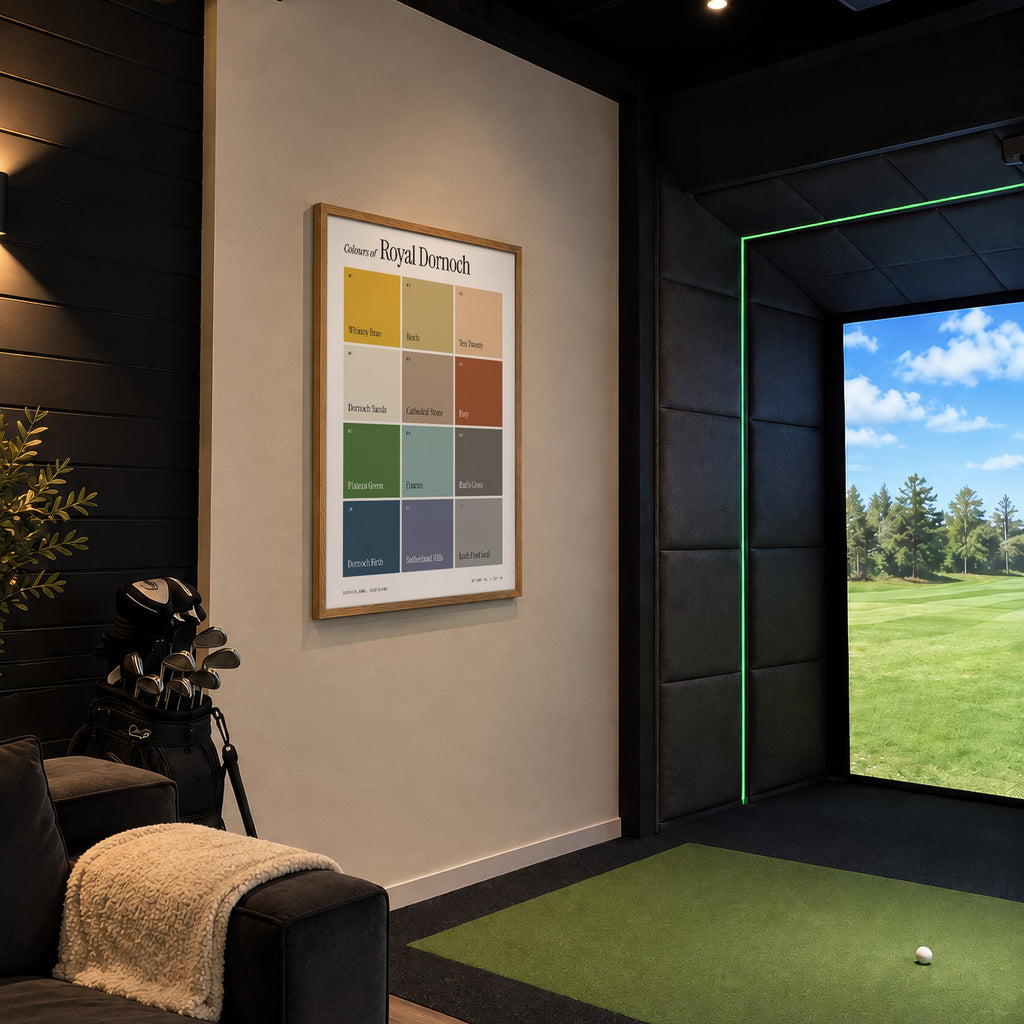 Colours of Royal Dornoch print of twelve named colour squares on white, framed in a golf simulator room