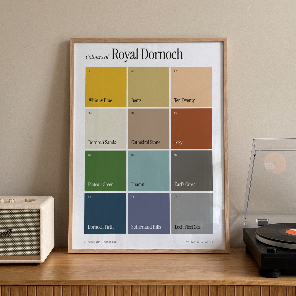 Colours of Royal Dornoch print of twelve named colour squares on white, framed on a sideboard beside a record player