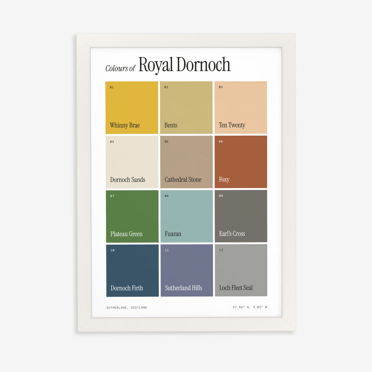 Colours of Royal Dornoch print of twelve named colour squares on white, in a white frame on a plain wall