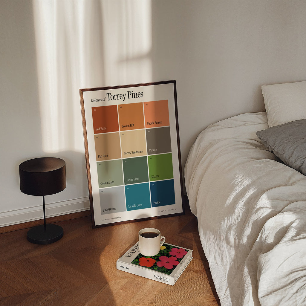 Colours of Torrey Pines print of twelve named colour squares on white, framed, leaning by a bed