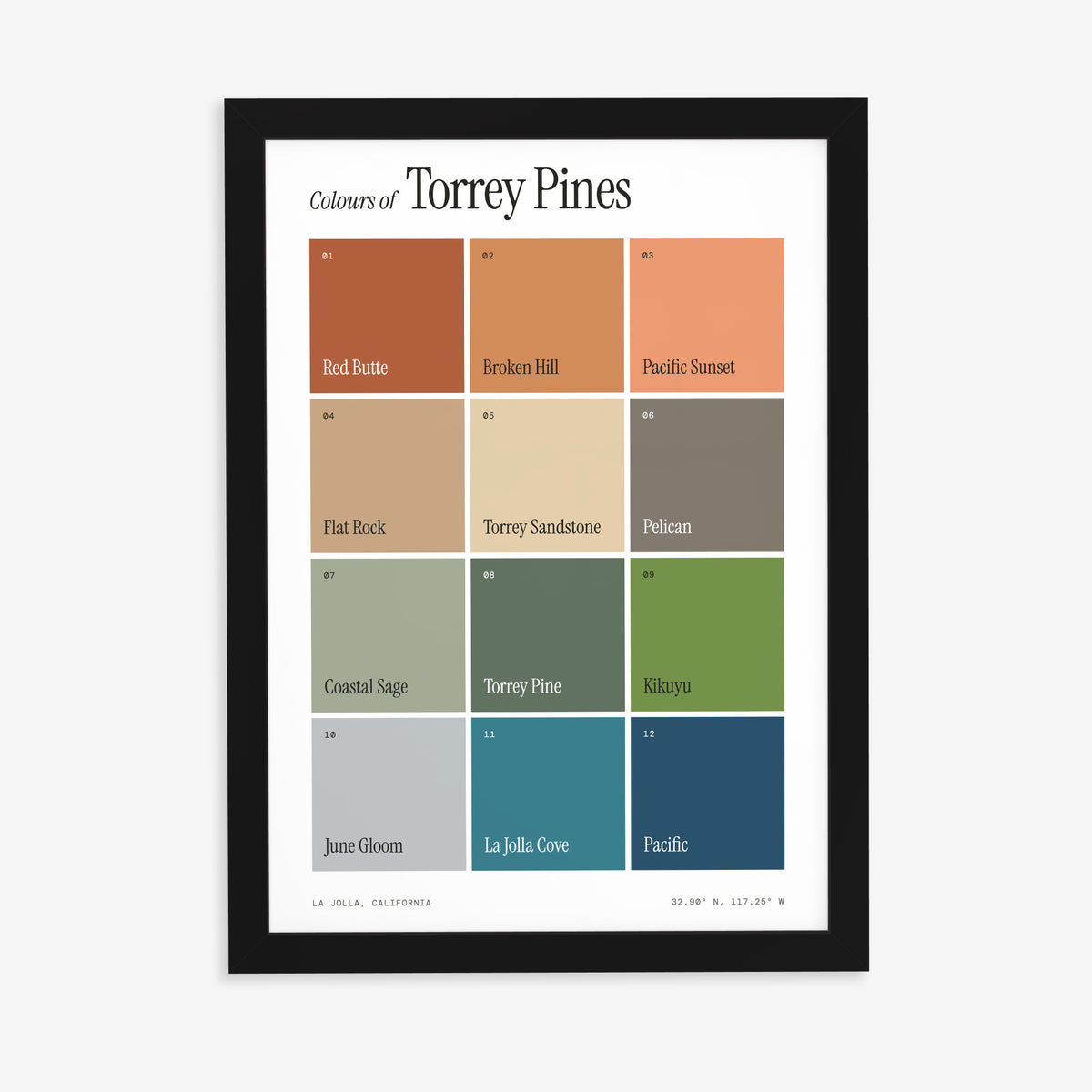 Colours of Torrey Pines print of twelve named colour squares on white, in a black frame on a plain wall