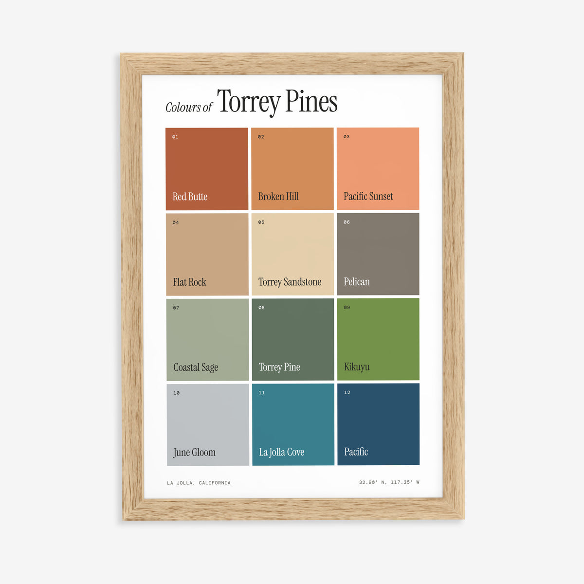 Colours of Torrey Pines print of twelve named colour squares on white, in a natural wood frame on a plain wall