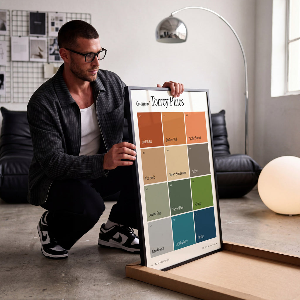 Colours of Torrey Pines print of twelve named colour squares on white, being unboxed in a bright studio
