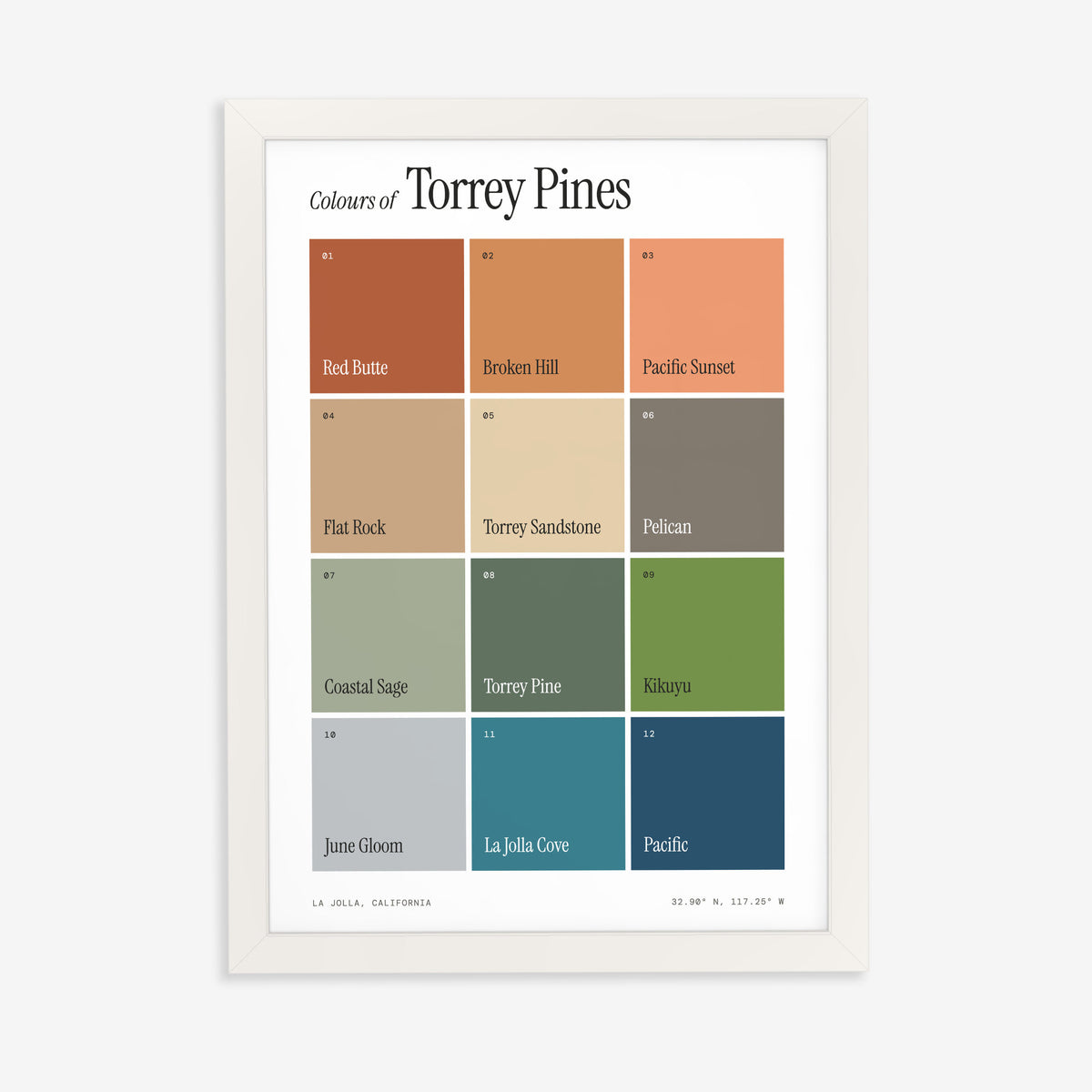 Colours of Torrey Pines print of twelve named colour squares on white, in a white frame on a plain wall