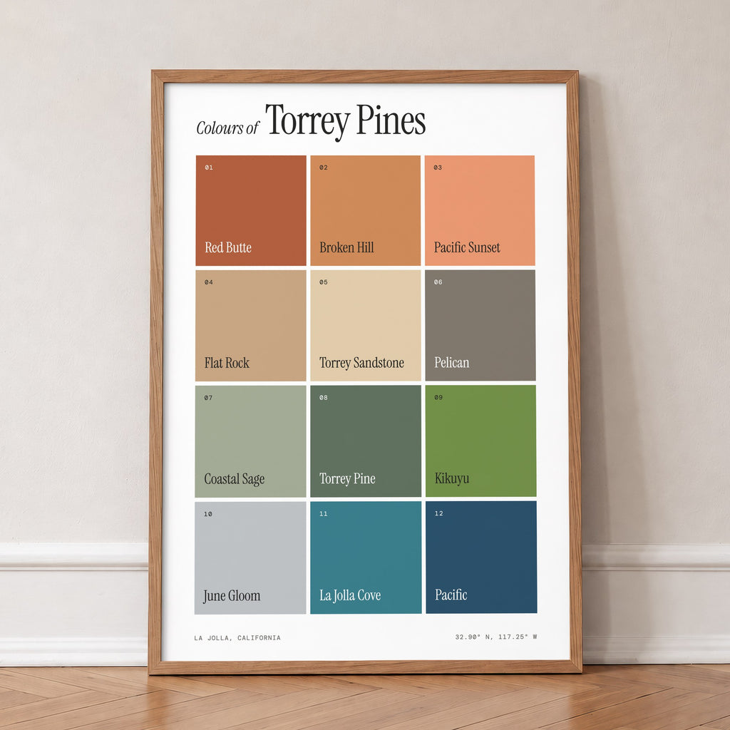Colours of Torrey Pines print of twelve named colour squares on white, in an oak frame, leaning against a wall on a herringbone floor