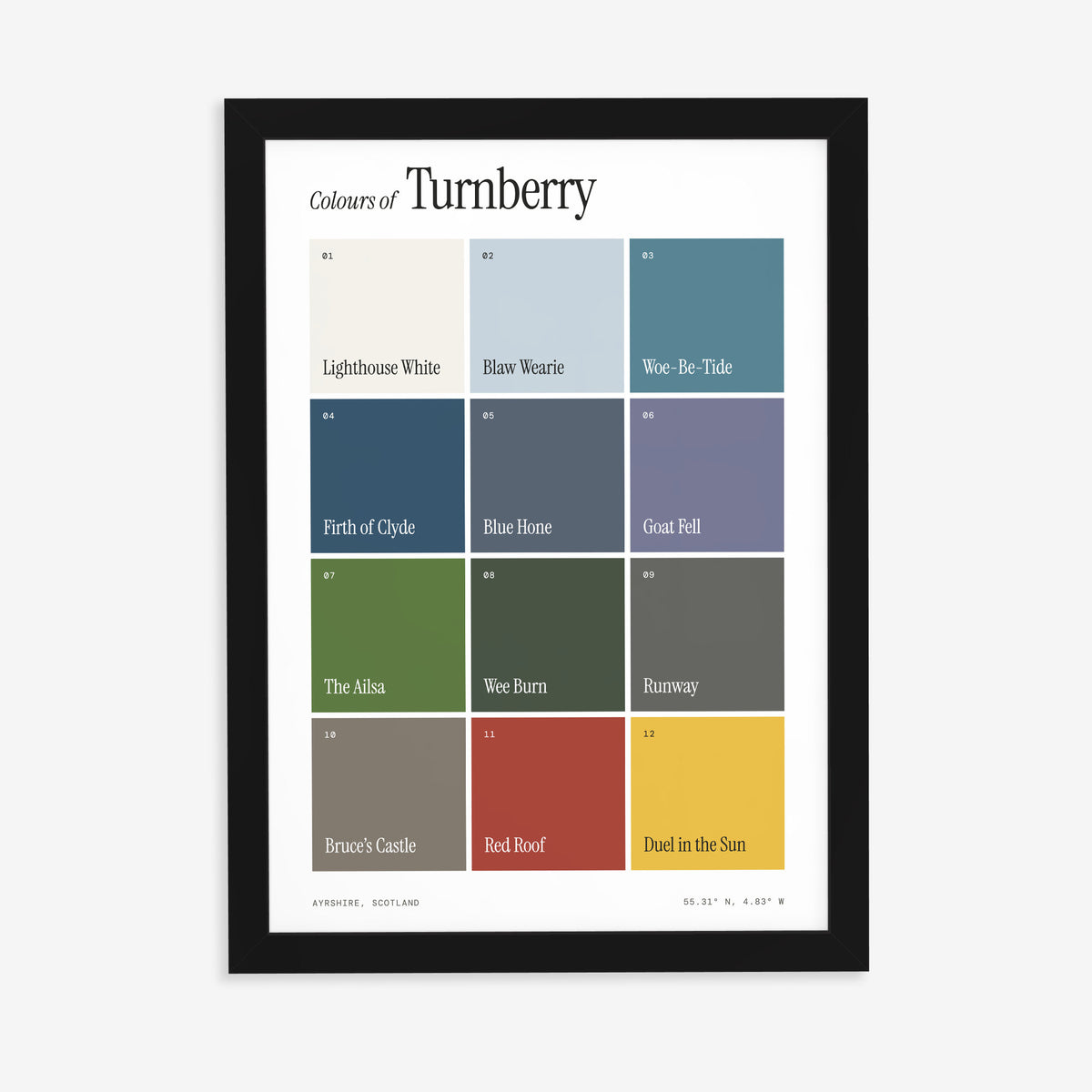 Colours of Turnberry print of twelve named colour squares on white, in a black frame on a plain wall