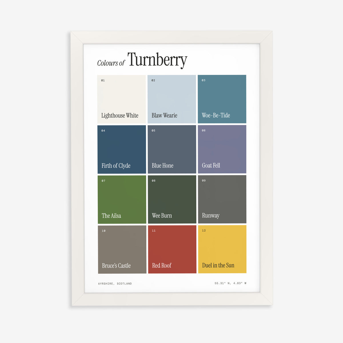 Colours of Turnberry print of twelve named colour squares on white, in a white frame on a plain wall