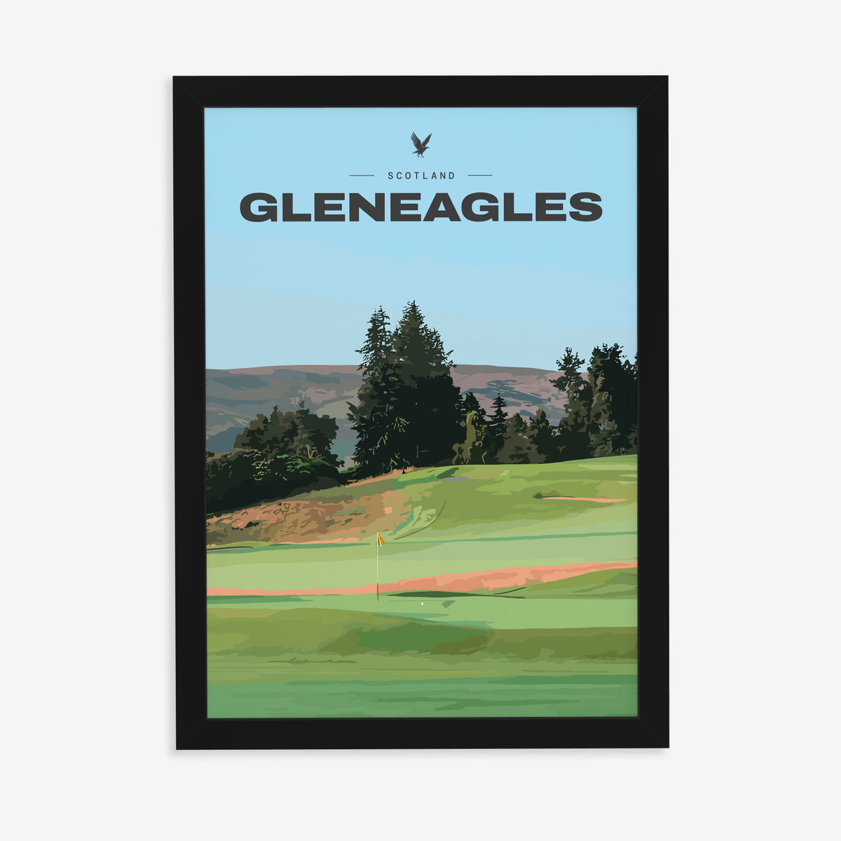 Gleneagles golf print of a green below pines and Perthshire hills, in a black frame on a plain wall