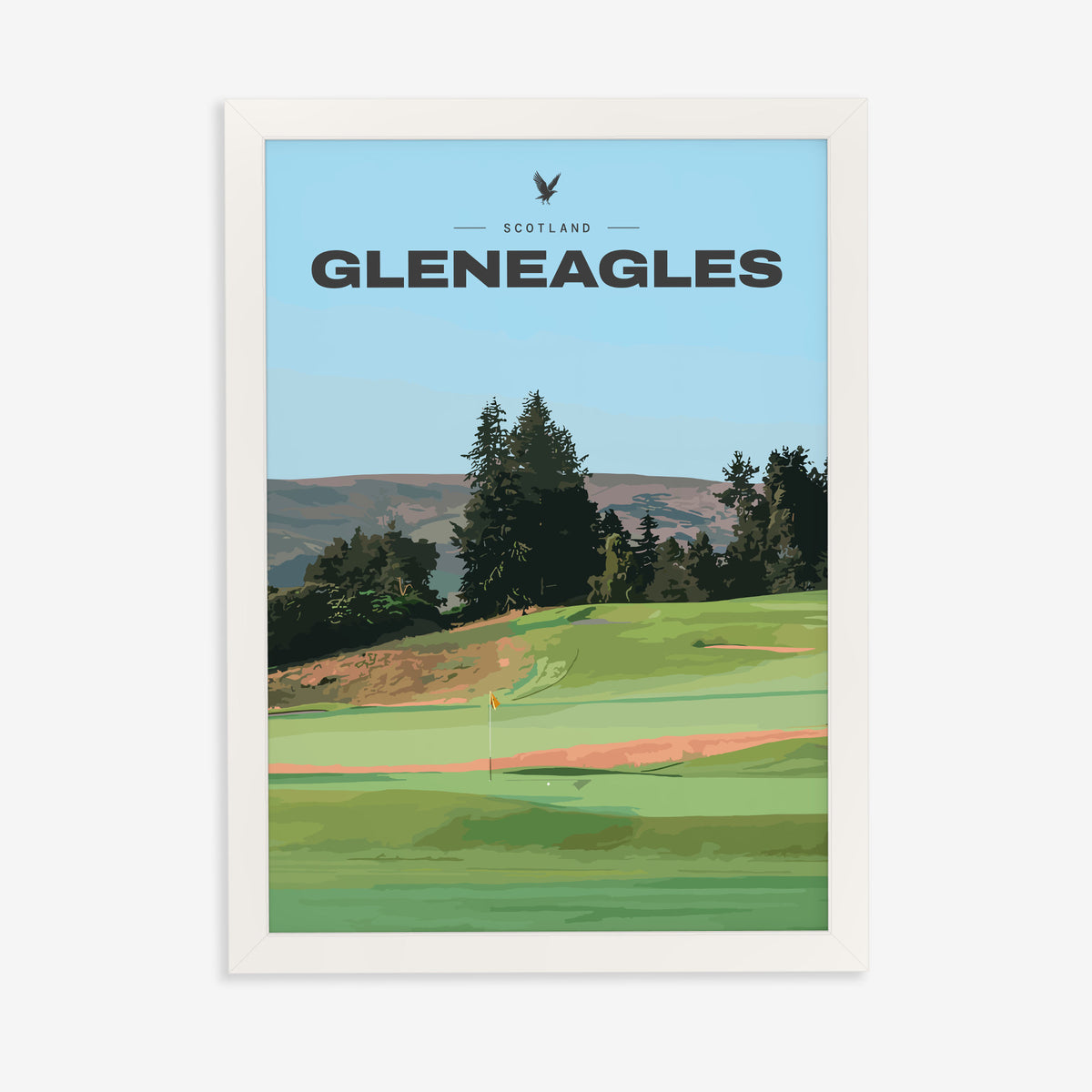 Gleneagles golf print of a green below pines and Perthshire hills, in a white frame on a plain wall