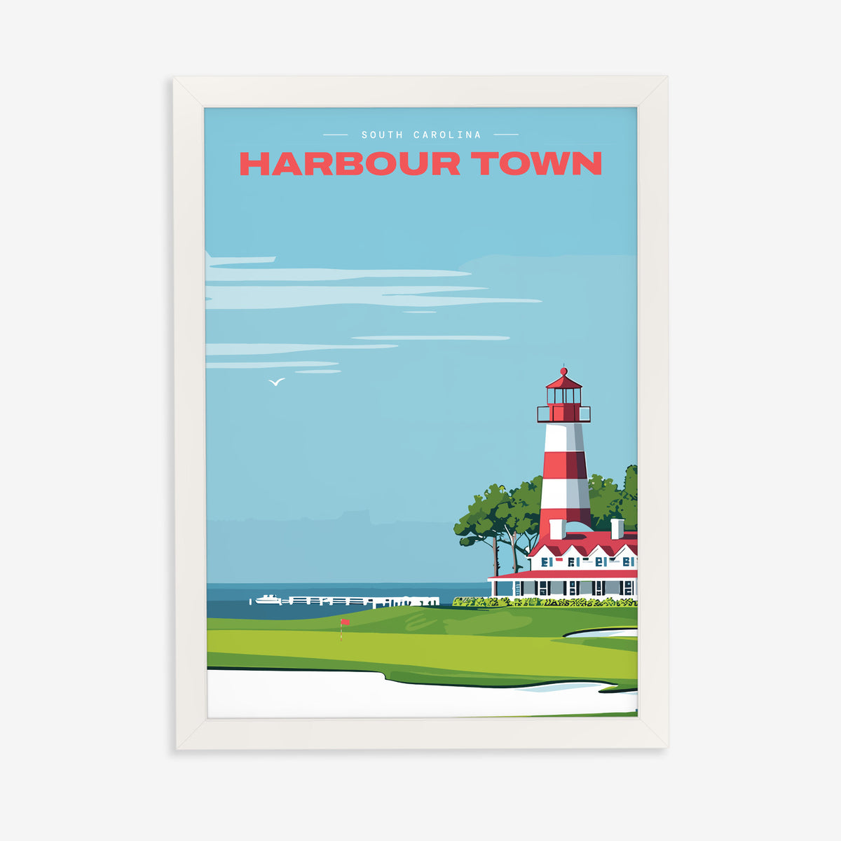 Harbour Town Lighthouse golf print of a striped lighthouse above a marina, in a white frame on a plain wall