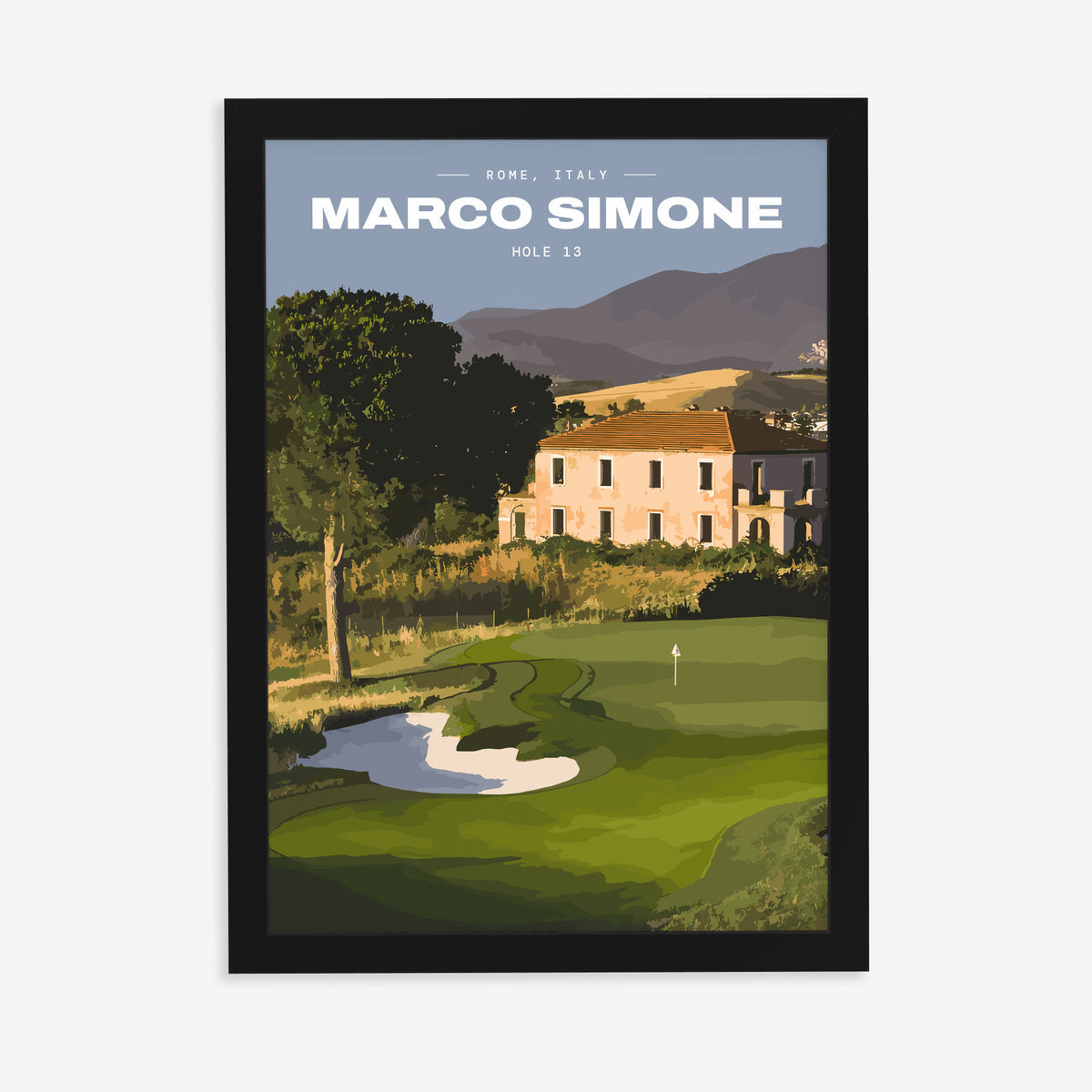 Marco Simone 13th hole golf print of a green below an old villa and hills, in a black frame on a plain wall