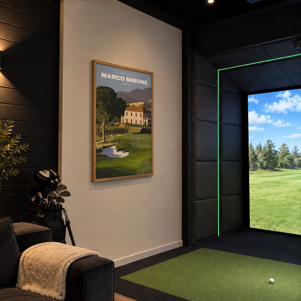 Marco Simone 13th hole golf print of a green below an old villa and hills, framed in a golf simulator room