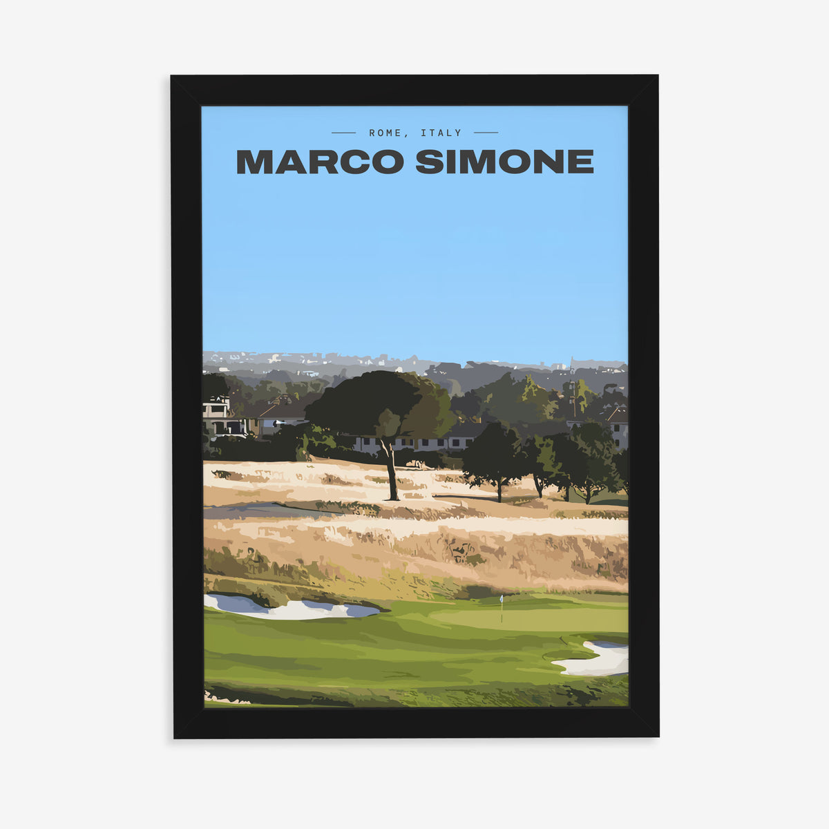 Marco Simone golf print of a green below umbrella pines and gold rough, in a black frame on a plain wall