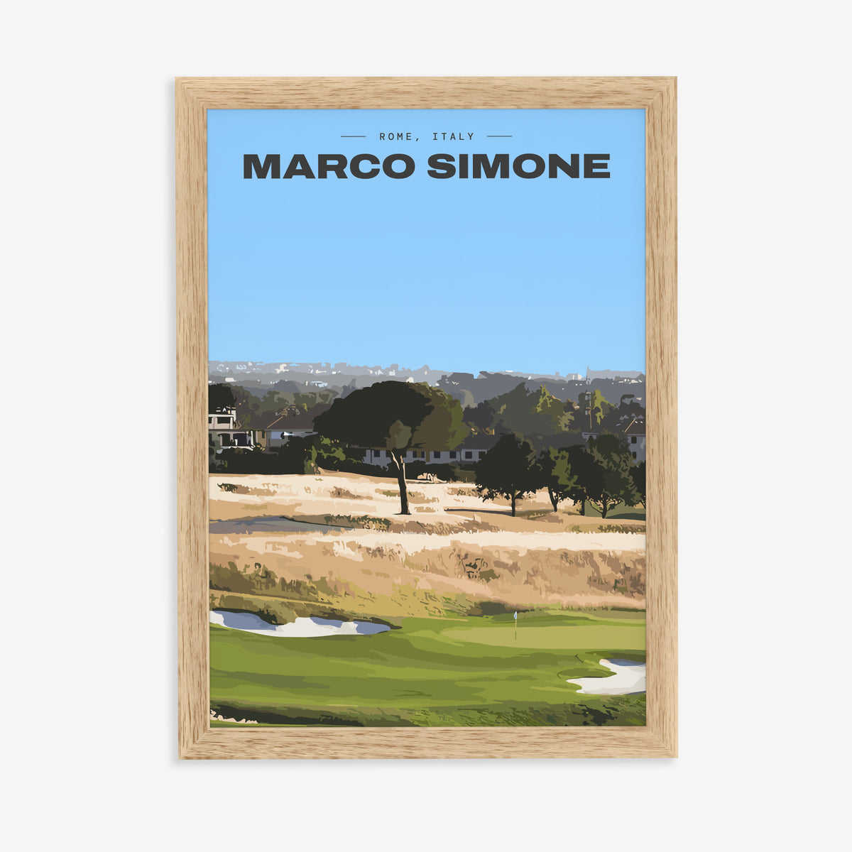 Marco Simone golf print of a green below umbrella pines and gold rough, in a natural wood frame on a plain wall