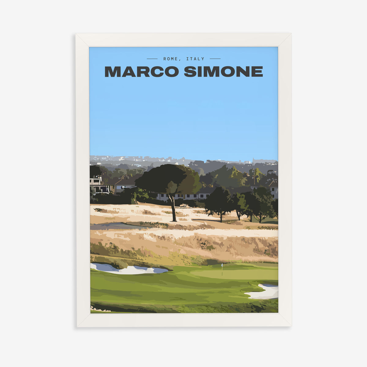Marco Simone golf print of a green below umbrella pines and gold rough, in a white frame on a plain wall