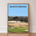 Marco Simone golf print of a green below umbrella pines and gold rough, in an oak frame, leaning against a wall on a herringbone floor