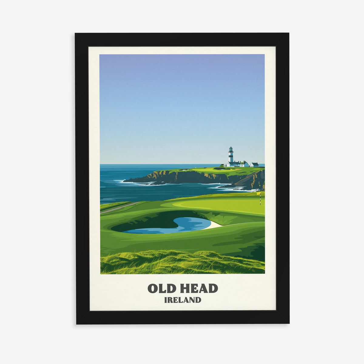 Old Head golf print of a lighthouse on a headland above a green, in a black frame on a plain wall