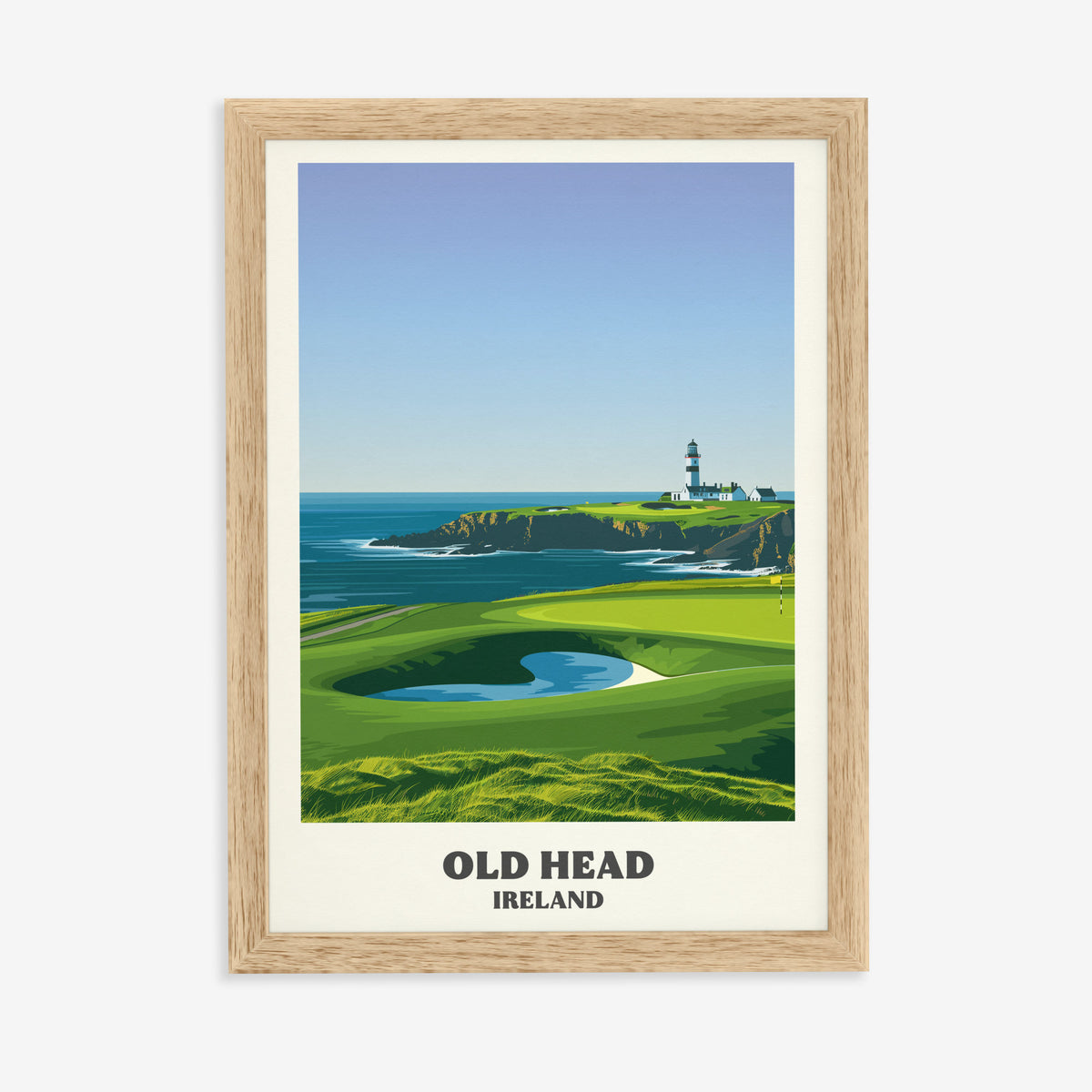 Old Head golf print of a lighthouse on a headland above a green, in a natural wood frame on a plain wall