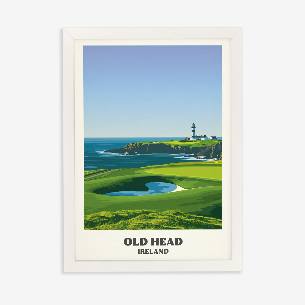 Old Head golf print of a lighthouse on a headland above a green, in a white frame on a plain wall