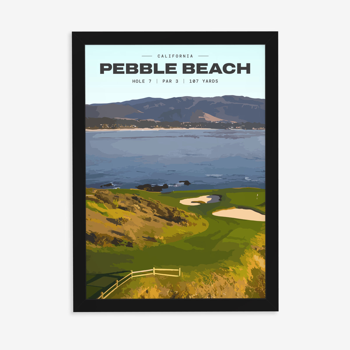 Pebble Beach 7th hole golf print of a small green on a point above the bay, in a black frame on a plain wall