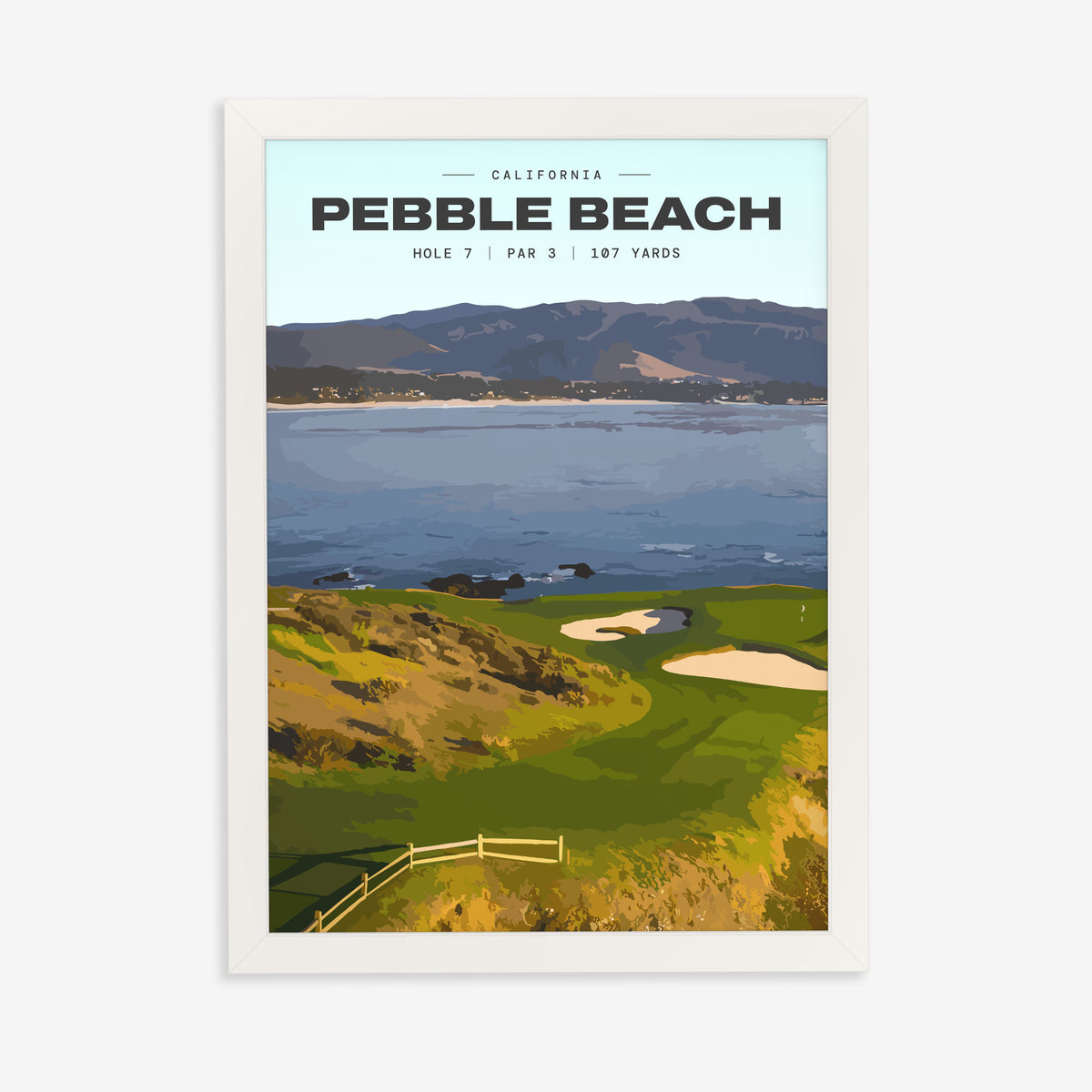 Pebble Beach 7th hole golf print of a small green on a point above the bay, in a white frame on a plain wall