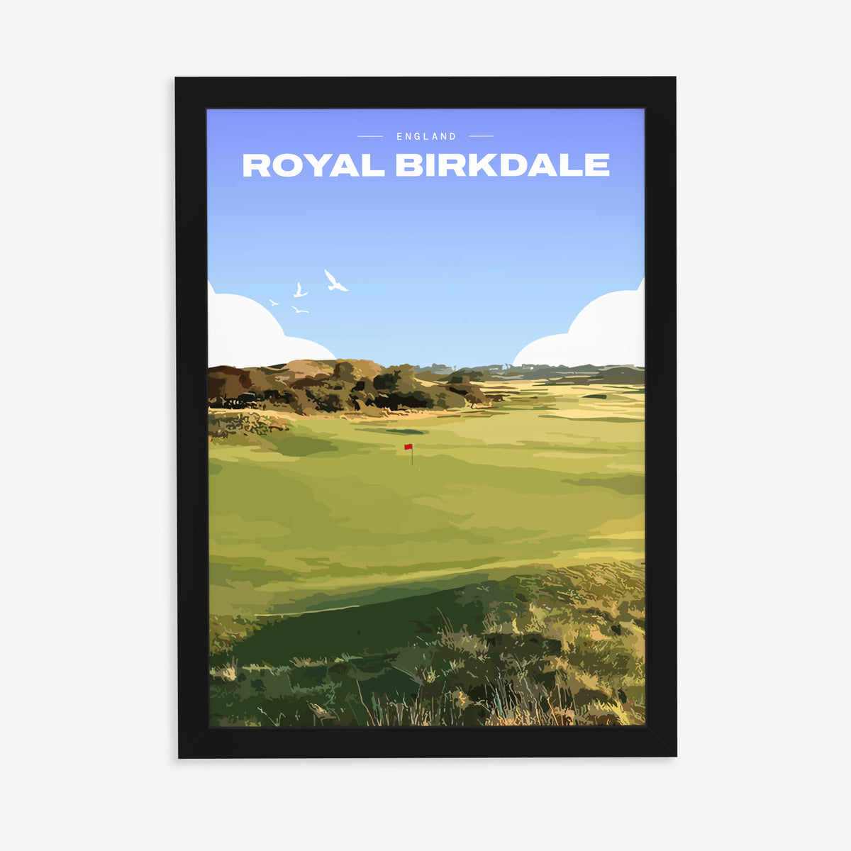 Royal Birkdale golf print of a links fairway and red flag between dunes, in a black frame on a plain wall