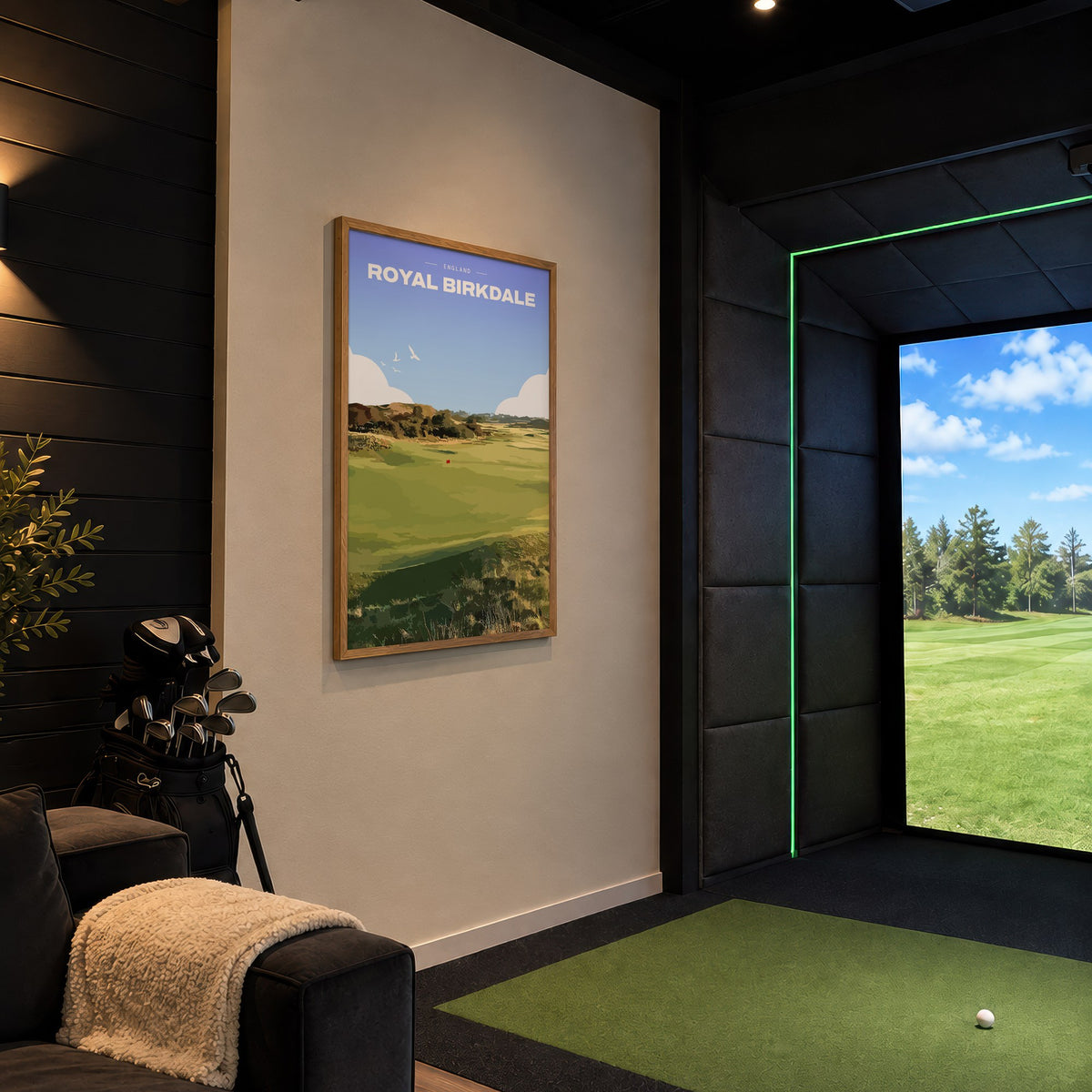 Royal Birkdale golf print of a links fairway and red flag between dunes, framed in a golf simulator room