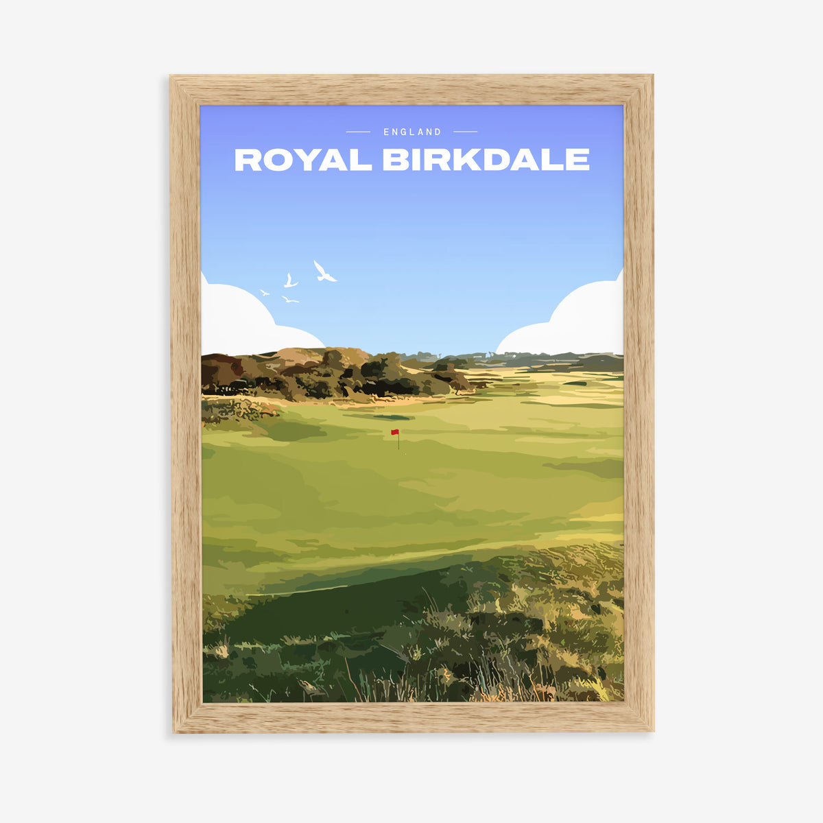 Royal Birkdale golf print of a links fairway and red flag between dunes, in a natural wood frame on a plain wall