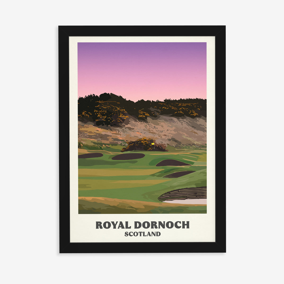 Royal Dornoch golf print of a plateau green below a gorse hill at dusk, in a black frame on a plain wall