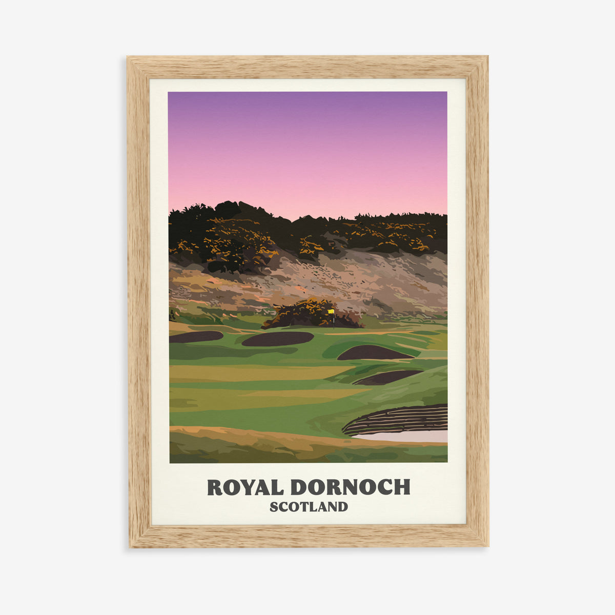 Royal Dornoch golf print of a plateau green below a gorse hill at dusk, in a natural wood frame on a plain wall