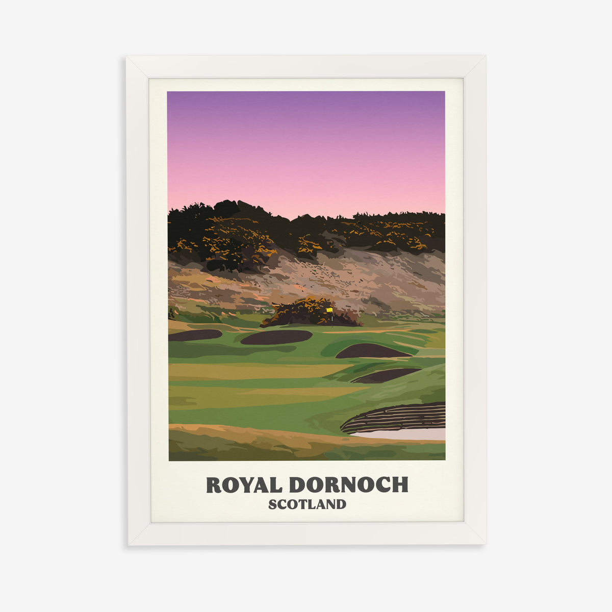Royal Dornoch golf print of a plateau green below a gorse hill at dusk, in a white frame on a plain wall