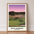 Royal Dornoch golf print of a plateau green below a gorse hill at dusk, in an oak frame, leaning against a wall on a herringbone floor