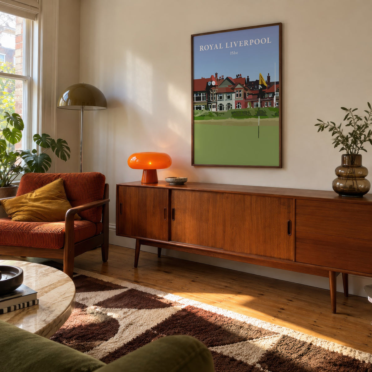 Royal Liverpool 2023 golf print of the clubhouse behind a yellow flag, framed above a teak sideboard