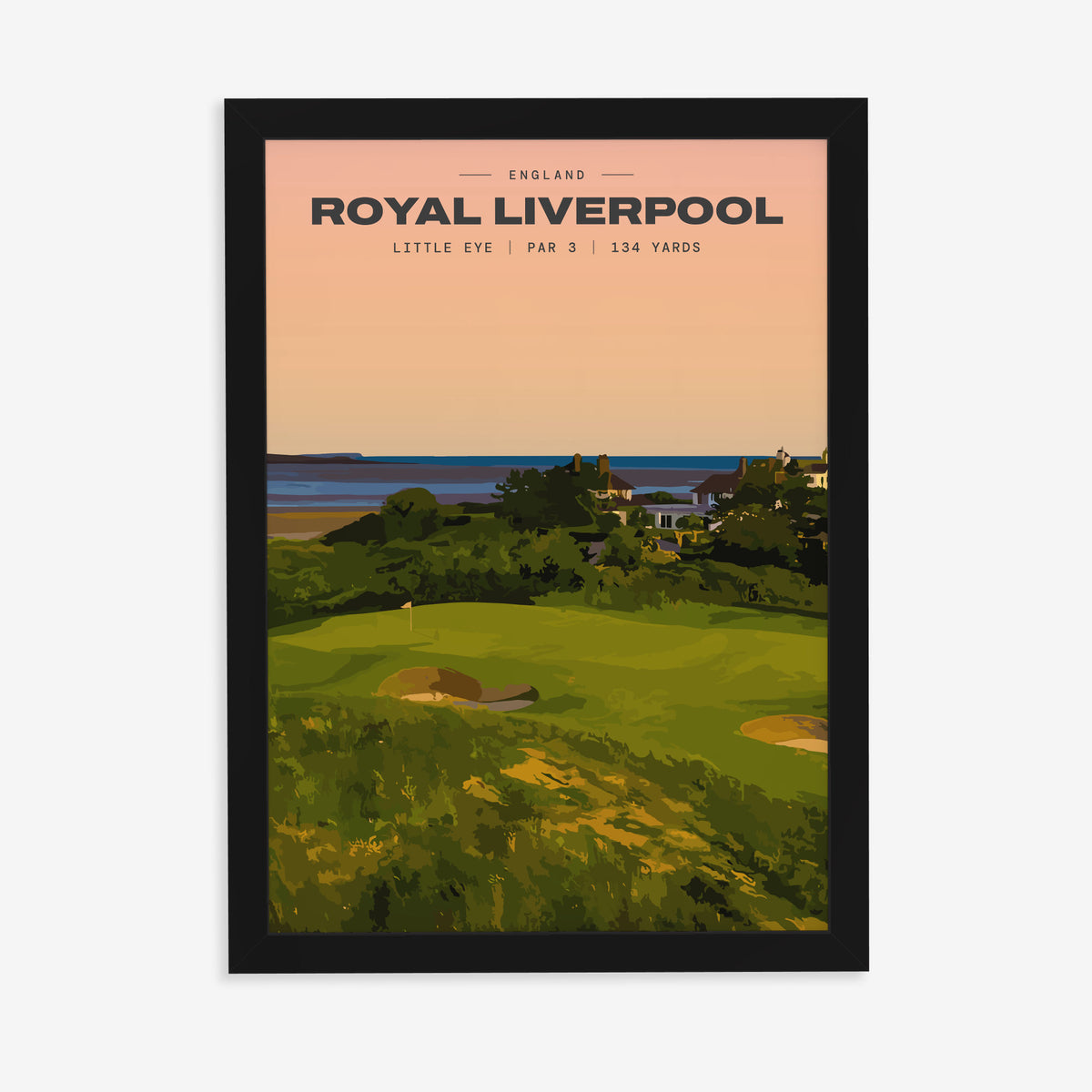 Royal Liverpool Little Eye golf print of a raised par 3 green at sunset, in a black frame on a plain wall