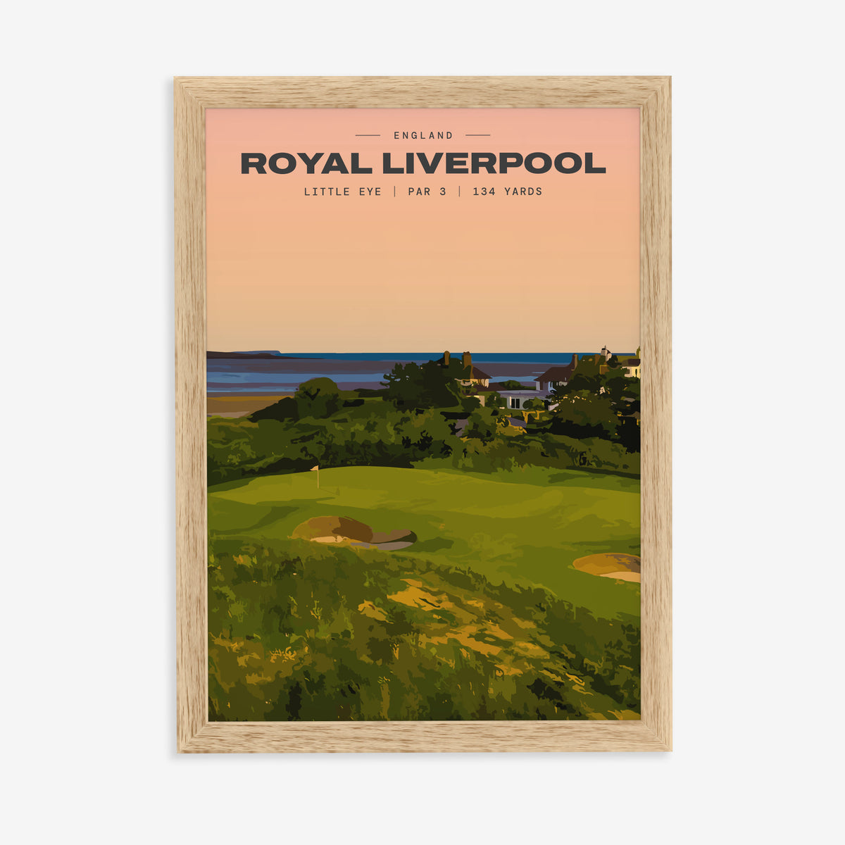 Royal Liverpool Little Eye golf print of a raised par 3 green at sunset, in a natural wood frame on a plain wall