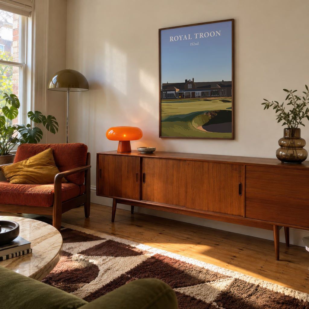 Royal Troon 2024 golf print of the clubhouse behind the 18th green, framed above a teak sideboard