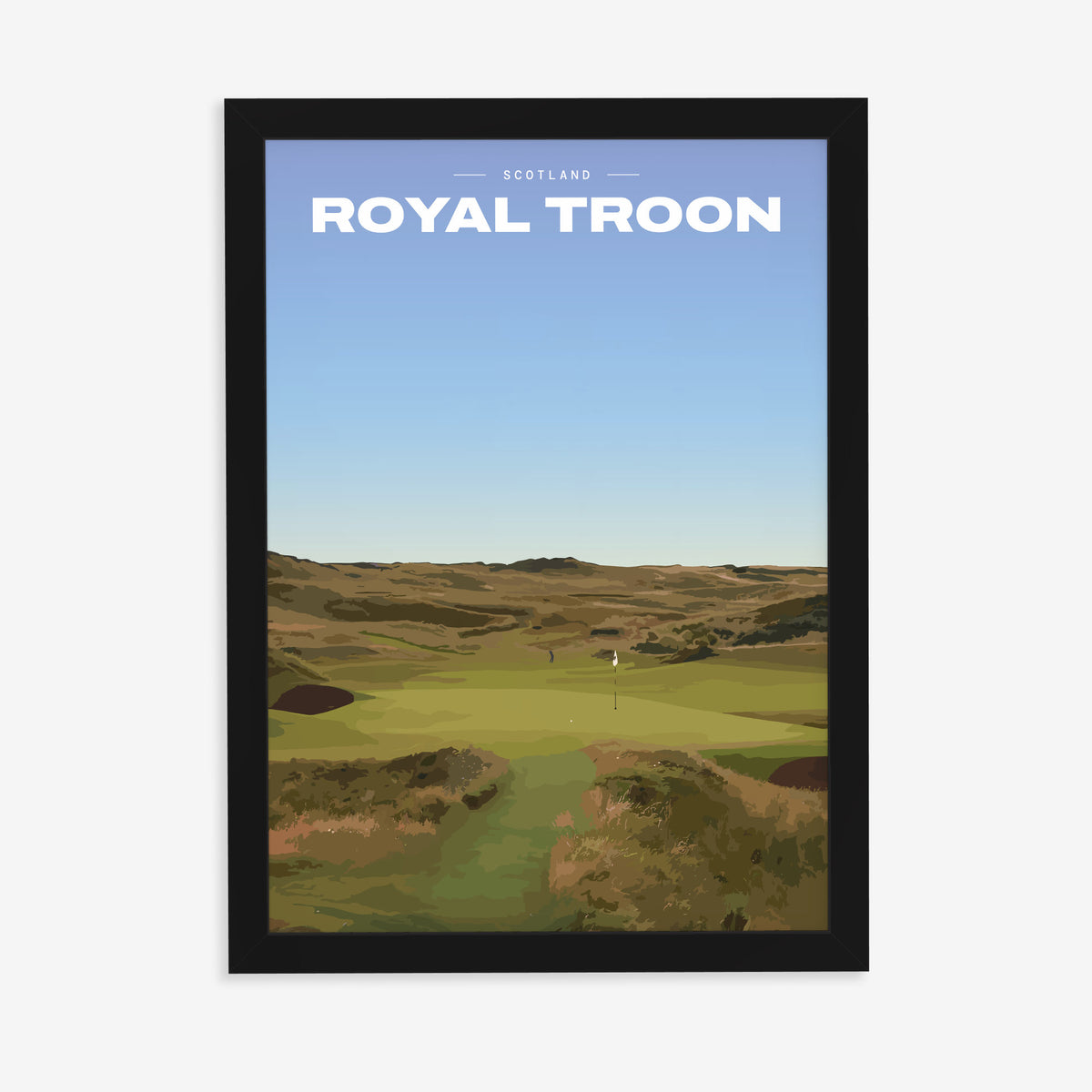 Royal Troon golf print of a links fairway through dunes to a flag, in a black frame on a plain wall