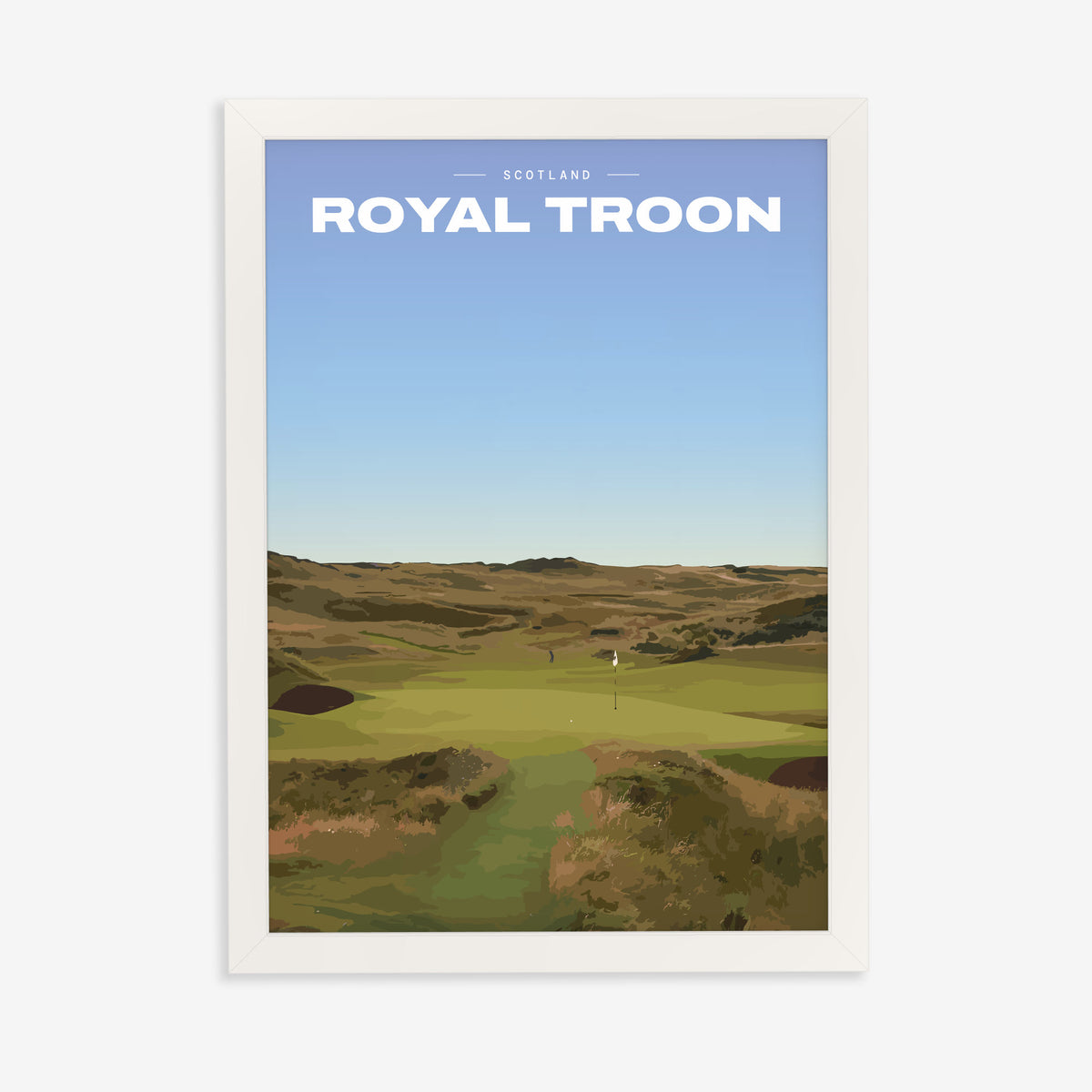 Royal Troon golf print of a links fairway through dunes to a flag, in a white frame on a plain wall