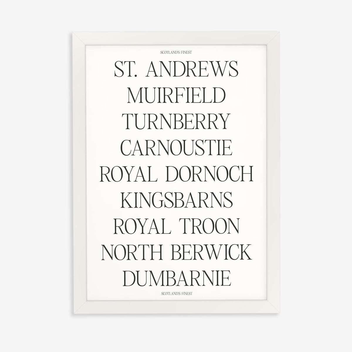 Scotland's Finest golf print of nine Scottish course names in serif type, in a white frame on a plain wall