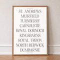 Scotland's Finest golf print of nine Scottish course names in serif type, in an oak frame, leaning against a wall on a herringbone floor