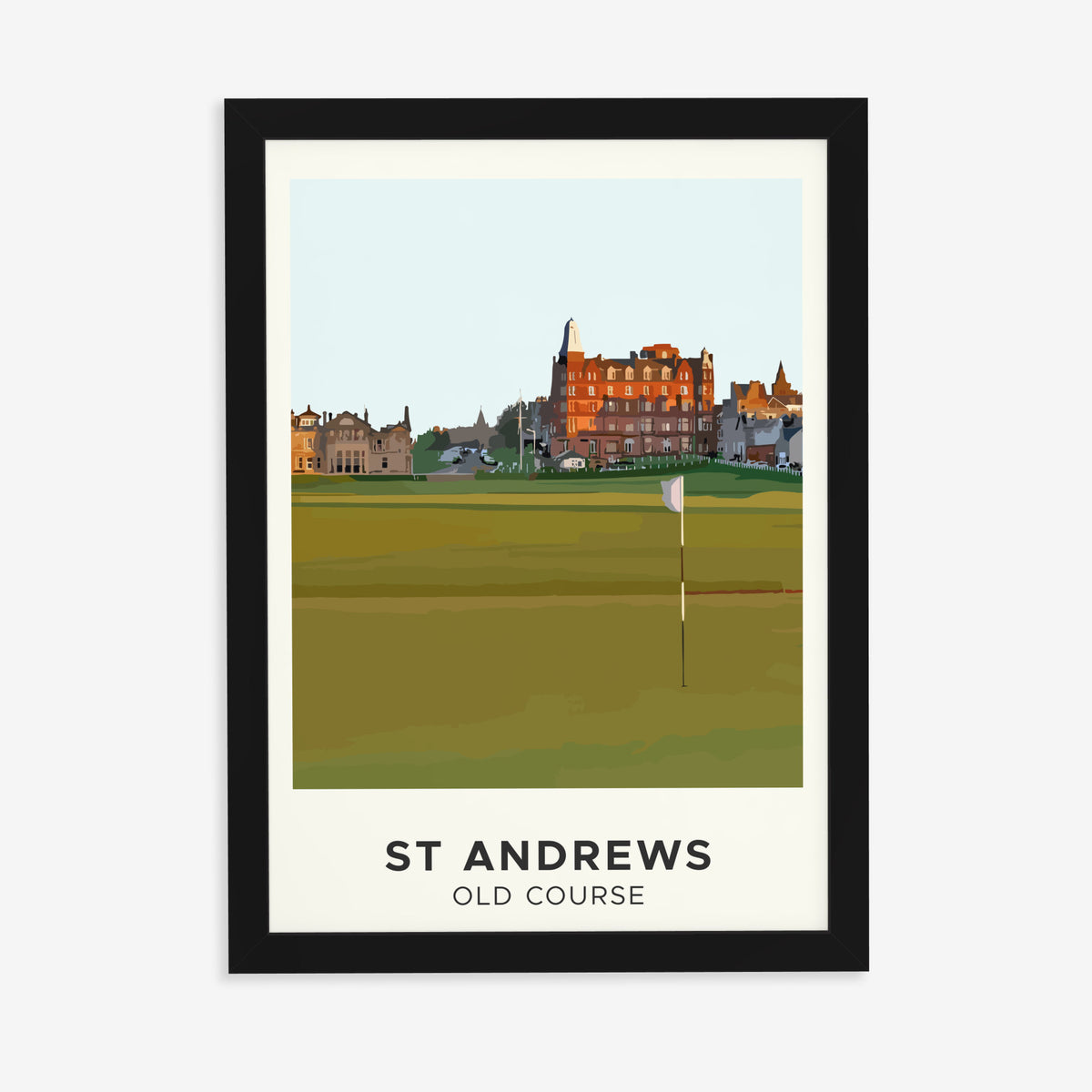 St Andrews Old Course golf print of the 18th green below Hamilton Grand, in a black frame on a plain wall