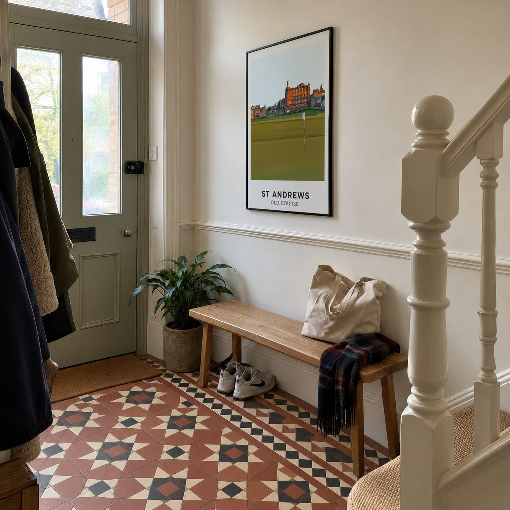 St Andrews Old Course golf print of the 18th green below Hamilton Grand, framed in a hallway with patterned floor tiles