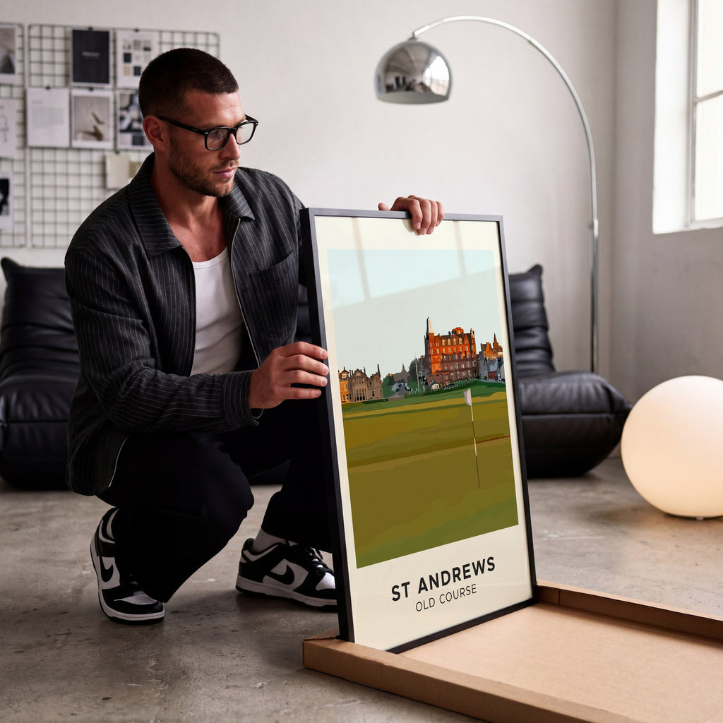 St Andrews Old Course golf print of the 18th green below Hamilton Grand, being unboxed in a bright studio