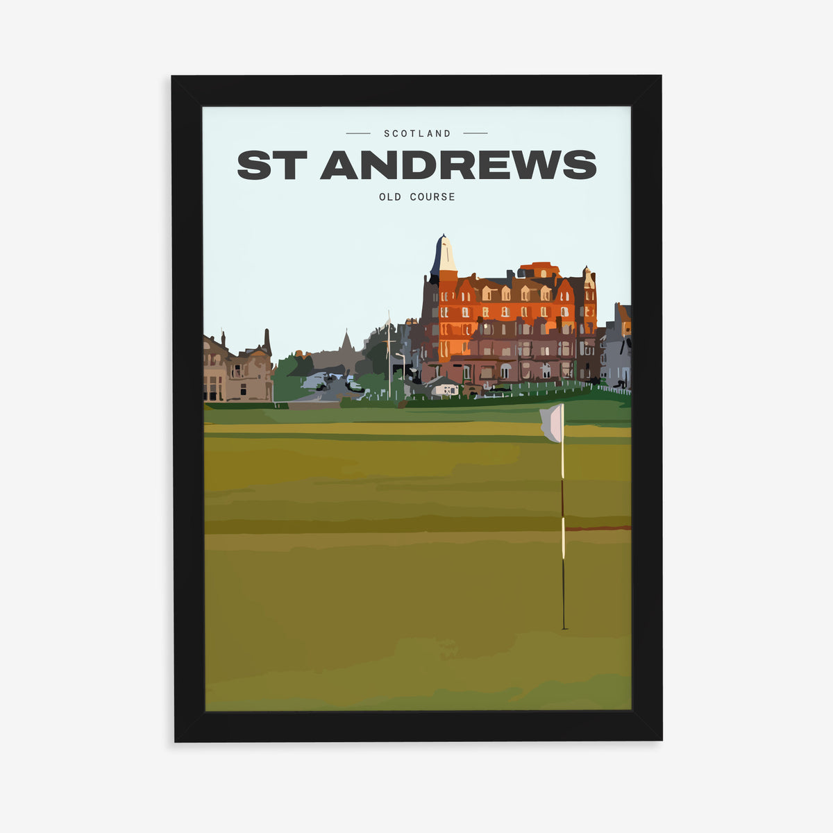 St Andrews Old Course golf print of the 18th green and flag below the town, in a black frame on a plain wall