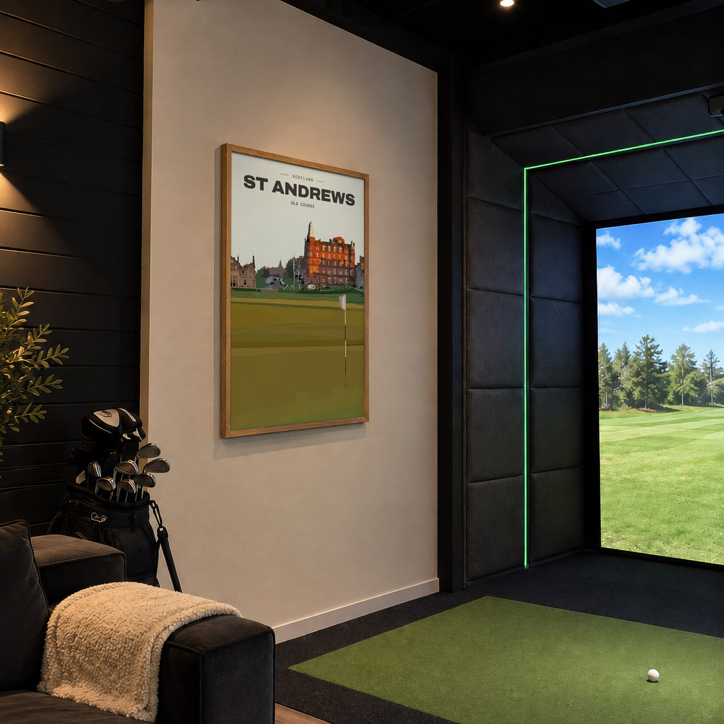 St Andrews Old Course golf print of the 18th green and flag below the town, framed in a golf simulator room