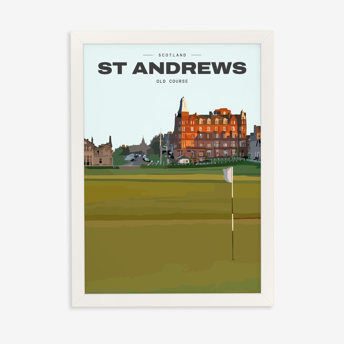 St Andrews Old Course golf print of the 18th green and flag below the town, in a white frame on a plain wall
