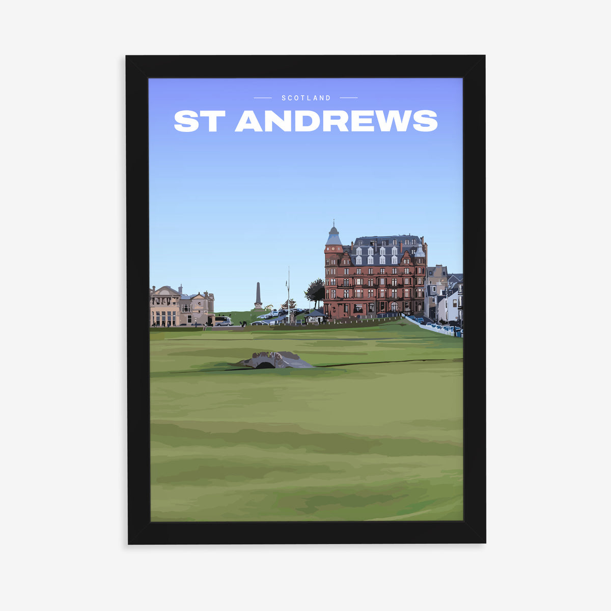 St Andrews Swilcan Bridge golf print of the Swilcan Bridge below the town, in a black frame on a plain wall